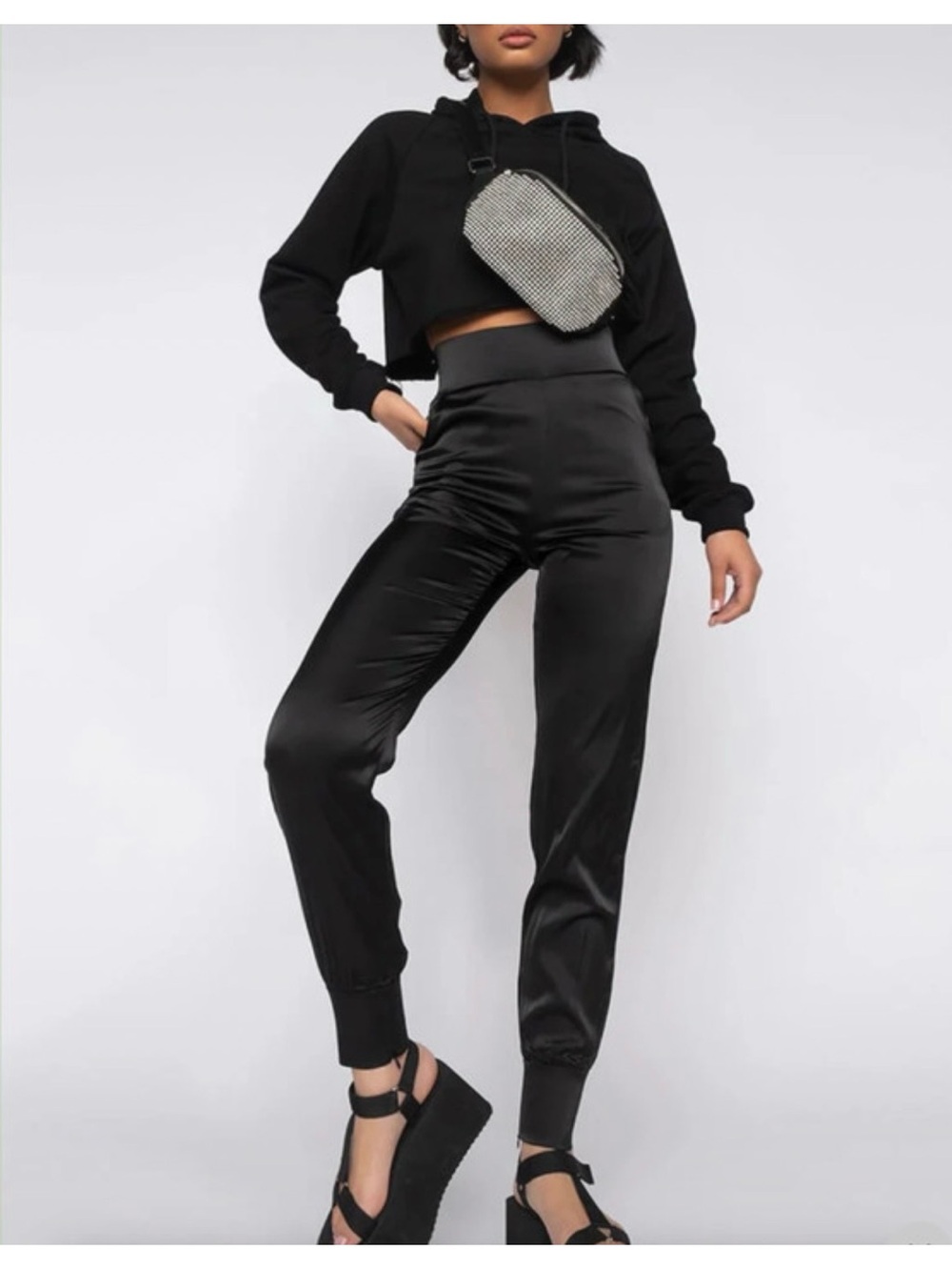Black High-Waist Satin Jogger Pants - Women